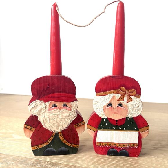 Vintage Santa Mrs Claus Scandinavian Tomte Folk Art Candle Holders Christmas - Picture 1 of 11